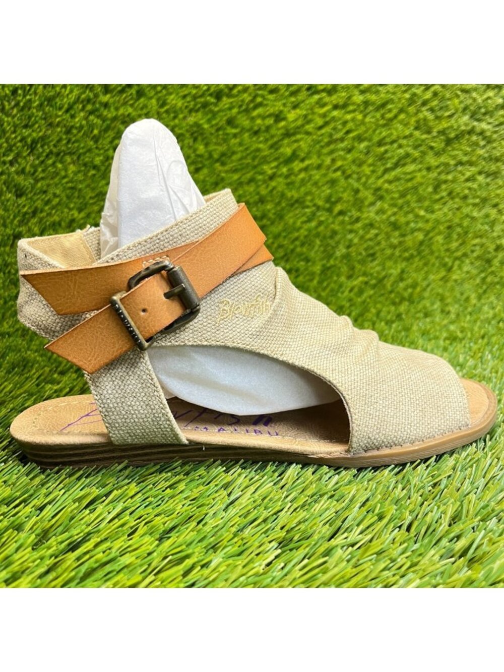 Blowfish Malibu‎ Balla Womens Size 7 Beige Beach Outdoor Canvas Side Zip Sandals